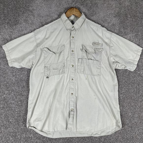 Columbia PFG Shirt Mens L Beige Short Sleeve Performance Vented Fishing FLAWS - Picture 2 of 14